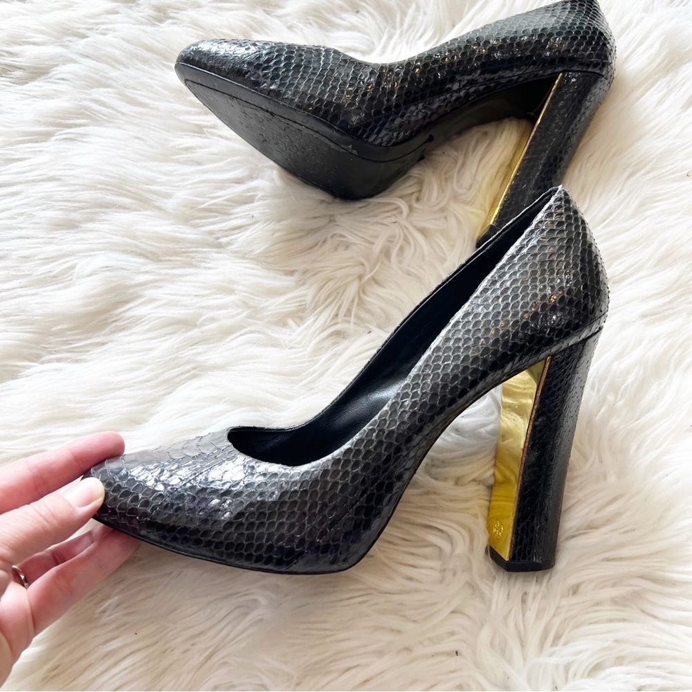 Tory Burch Black Python Snakeskin Leather Gold Tr… - image 2
